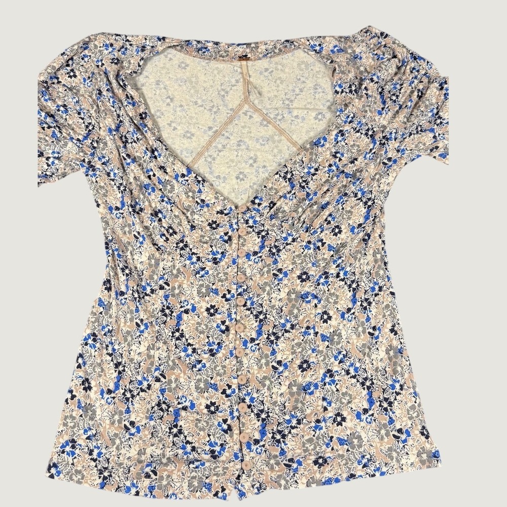 Free People Floral Button Front V-Neck Puff Sleeve Top Blue Tan Size Medium